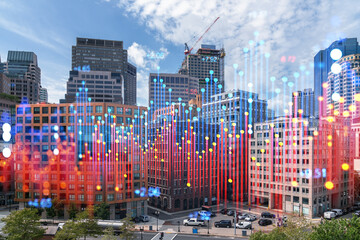 Boston cityscape with a digital holographic overlay of stock market data. Photographic with an...