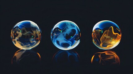 3 soap bubbles on black background looking like