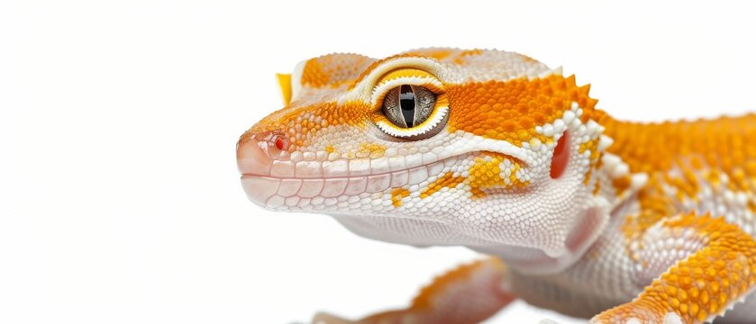  A detailed image depicting a tiny orange-white gecko against a white backdrop, featuring an ominous black circle in the center of its pupil