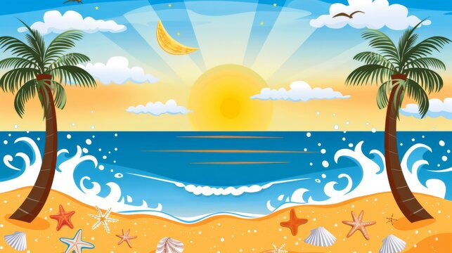 Craft a serene greeting card depicting a tranquil beach scene with palm trees, seashells, and a golden sunset