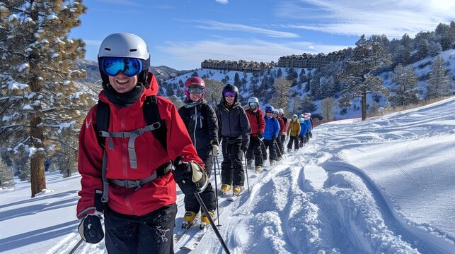 Group of kids learning how to ski on slope with instructor. Blue sky and white firs in background