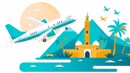 Obraz premium Craft an illustration of airplanes flying over the vibrant colors and bustling markets of Marrakech, Morocco, with the