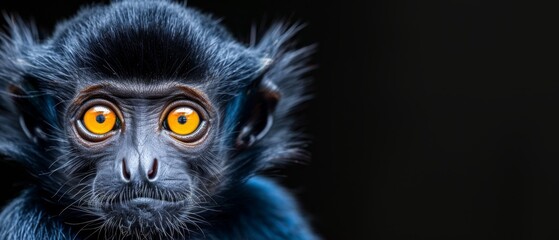  A close-up of a monkey's face with bright yellow eyes on a dark background - obrazy, fototapety, plakaty