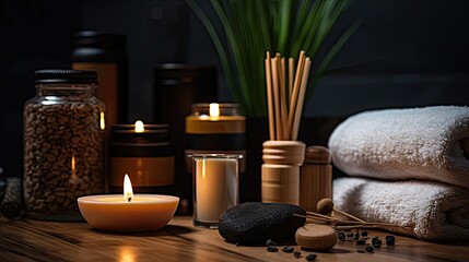 bath accessories, towels, candles, relaxation, dark backgroun