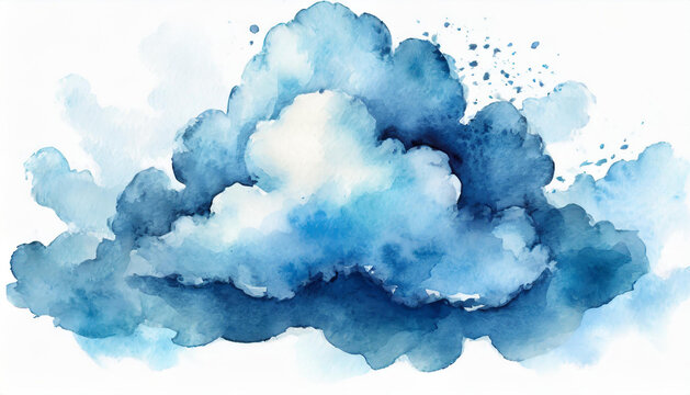 Watercolor drawing of blue fluffy cloudy. Hand drawn art.
