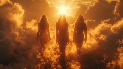 the dramatic narrative of Three businesswomen's venture through clouds and smoke, depicted in epic proportions.