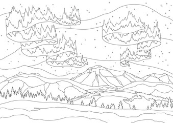 Aurora blue sky and a lot of star in form of milky way, astronomy background, Vector coloring book page illustration