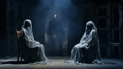 Two people in white robes sit in chairs in a dark room. The room is dimly lit and the atmosphere is eerie