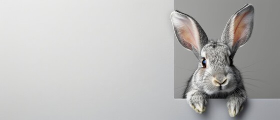 A zoomed-in photo of a rabbit's face emerging from a hole in a white wall
