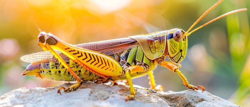  A sharp image of a grasshopper perched on a rock amidst a clear green and yellow grasshopper background