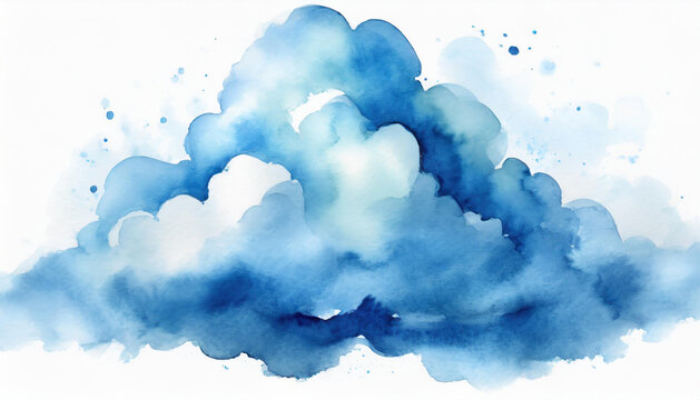 Watercolor drawing of blue fluffy cloudy. Hand drawn art.