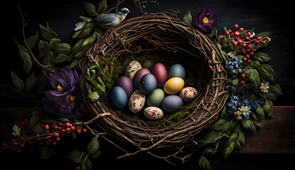 Fototapeta na wymiar A rustic basket filled with brightly colored eggs, nestled among delicate spring flowers and leaves, represents the essence of Easter customs, signaling a time for new beginnings.