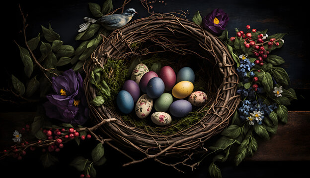 A rustic basket filled with brightly colored eggs, nestled among delicate spring flowers and leaves, represents the essence of Easter customs, signaling a time for new beginnings.