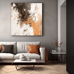 Splashes of bright paint on the canvas. brown, black and white colors. Interior painting