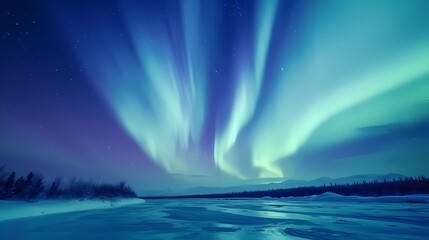 Naklejka premium A mesmerizing display of the Northern Lights dancing across the night sky over a frozen, snow-covered landscape.
