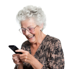 Happy middle-aged woman using cell phone, cut out