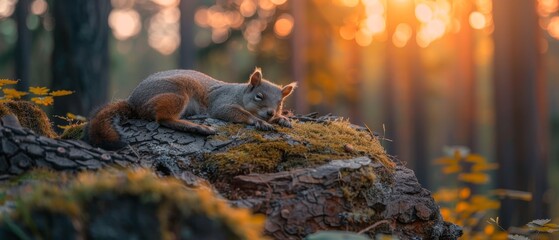  A squirrel perched atop a forest tree stump, bathed in sunlight filtering through the foliage