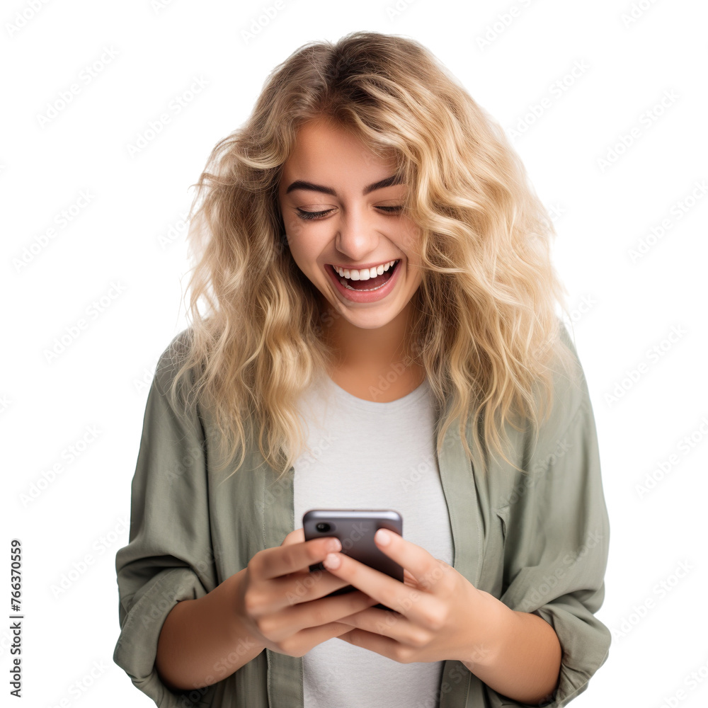 Wall mural happy young woman using cell phone, cut out