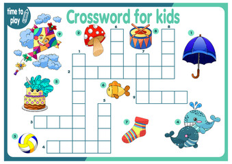 crossword for children. cute animals and objects. logic game. worksheet for kids	