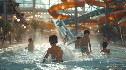 Foto op Canvas Children enjoying a fun day at an indoor water park. Happiness and excitement in a recreational setting. Ideal for family and travel themes. AI © Irina Ukrainets