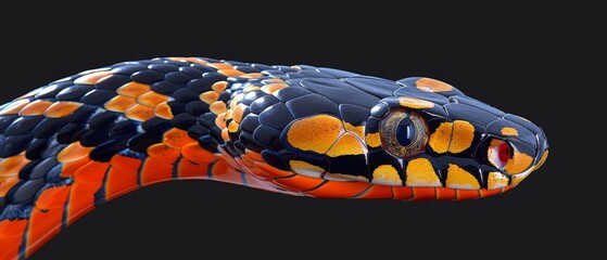  Close up photo of snake's head with colorful stripes on its body