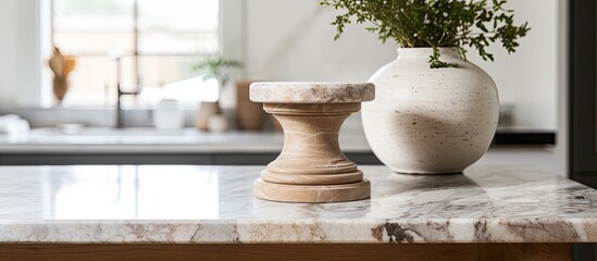 Fototapeta na wymiar Vase and candle holder are placed on a luxurious marble countertop with elegant design