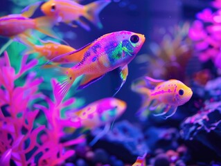 Naklejka premium A group of brightly colored fish swimming in a tank. The fish are neon pink, yellow, and green