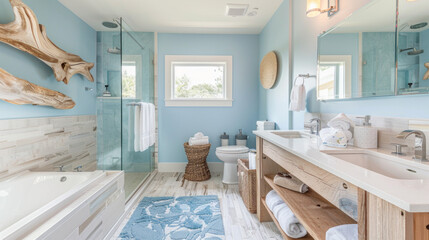 A contemporary coastal bathroom with light blue walls, driftwood accents, and a glass-enclosed shower