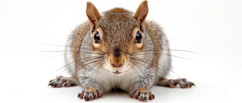  Close-up image of a squirrel's surprised expression on a white background
