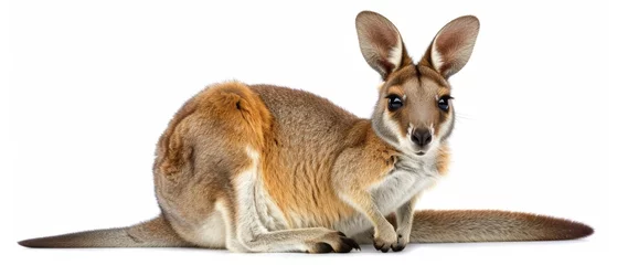Fotobehang  A close-up image of a kangaroo sitting on the ground with its front paws on its chest © Wall