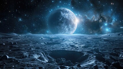 Mystical Lunar Landscape with Glowing Celestial Backdrop and Frozen Terrain in Outer Space