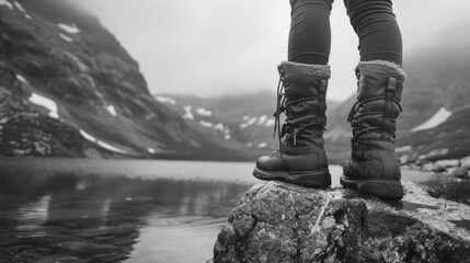 A person is standing on a rock near a body of water. The person is wearing boots and is looking out over the water. The image has a serene and peaceful mood - Powered by Adobe