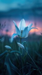 A white lily flower stands alone during a sunrise within the blue hours making for a beautiful dynamic photograph.