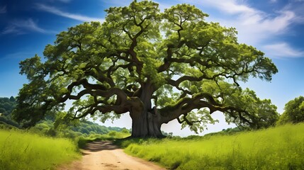 Obraz premium A majestic old oak tree standing tall amidst a sea of lush greenery, its branches reaching towards the sky.