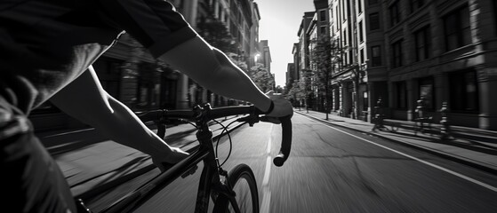 First-person view of cyclist riding along city street in urban environment