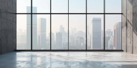 A large window in a building with a city view. The window is clean and clear, allowing for a clear view of the city. The cityscape is filled with tall buildings, creating a sense of grandeur and awe