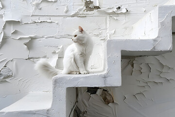 a white cat sitting on top of a white set of stairs next to a white wall with peeling paint on it.