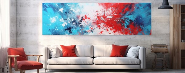 Splashes of bright paint on the canvas. red, blue and white colors. Interior painting