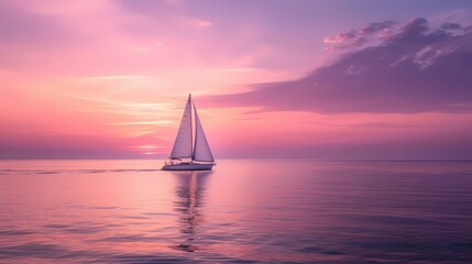 A lone sailboat on a vast and tranquil ocean, with the sky painted in hues of pink and purple during a serene sunset.