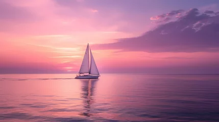 Zelfklevend Fotobehang A lone sailboat on a vast and tranquil ocean, with the sky painted in hues of pink and purple during a serene sunset. © Nature