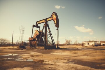 An old oil pump is seen sitting in the middle of a field, quietly extracting oil from the ground. The pump jack moves in a rhythmic motion, symbolizing the history of oil extraction in this area - obrazy, fototapety, plakaty