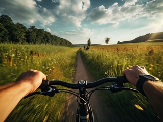 First person view of cyclist riding through meadow on country road