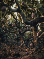 Obraz premium A tree with many purple fruits hanging from it. The tree is surrounded by dirt and rocks