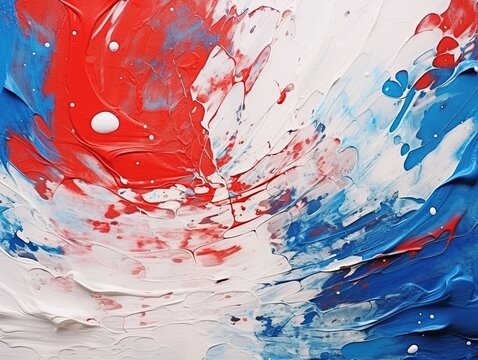 Splashes of bright paint on the canvas. red, blue and white colors. Interior painting
