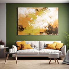 Splashes of bright paint on the canvas. khaki, mustard and white colors. Interior painting