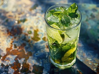 A glass of green limeade sits on a table. The drink is cold and refreshing, perfect for a hot day. The glass is filled with ice and mint leaves, giving it a unique and refreshing flavor