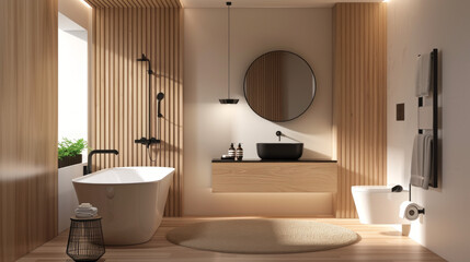 Fototapeta na wymiar A minimalist Scandinavian bathroom with blonde wood accents, clean lines, and black fixtures