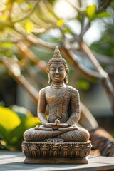 A statue of a Buddha sitting on a lotus flower. The statue is made of bronze and has a serene expression on its face. The lotus flower is a symbol of purity and enlightenment in Buddhism