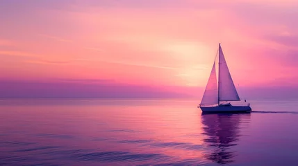 Deurstickers A lone sailboat on a vast and tranquil ocean, with the sky painted in hues of pink and purple during a serene sunset. © Nature