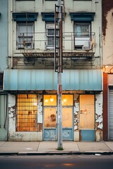 A rundown storefront with metal bars on the windows features a blue awning next to a city street, showcasing urban architecture and commercial activity
